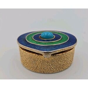 VINTAGE DESIGNER FLORENZA GOLD TONE EMERALD LUCITE CABOCHON‎ PILL BOX